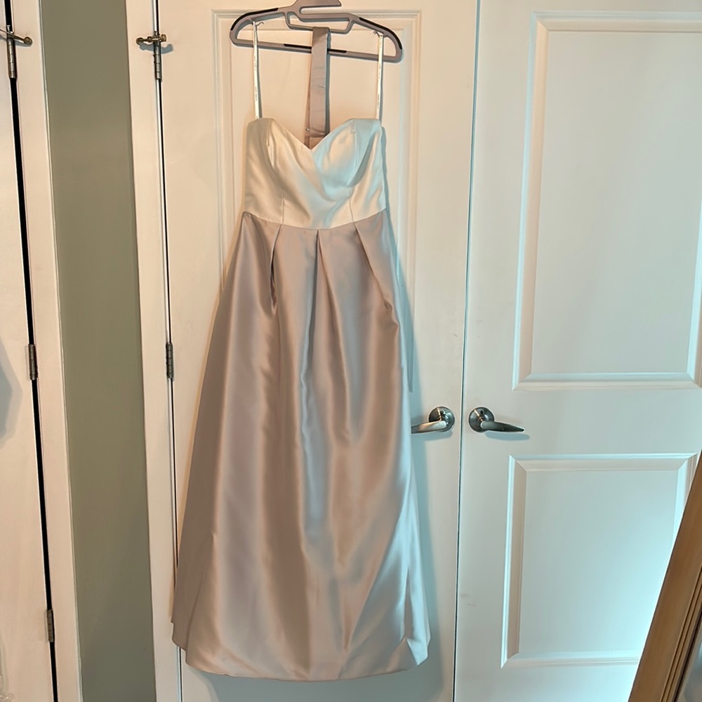 Strapless formal satin floor length gown